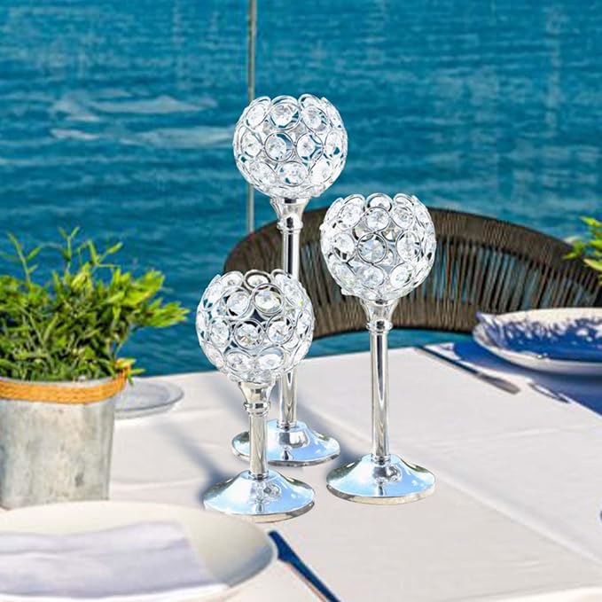 Bulk Crystal Candle Holder Set, 3 Sizes Tealight Candlestick Holders, Elegant Candelabra for Wedding Table Centerpiece, Fireplace, Home & Living Room Decor – Kehail (Set of 12, Silver)