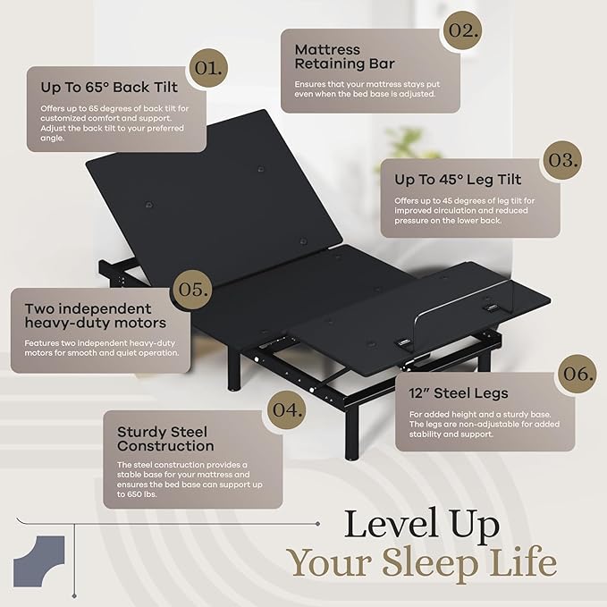 Sven and Son Essential Adjustable Bed Base (Frame) + 10 inch Memory Foam Matt (Firm), Easy Assembly, Head and Foot Lift, Memory Positions, Zero Gravity, Wireless Remote - Twin XL