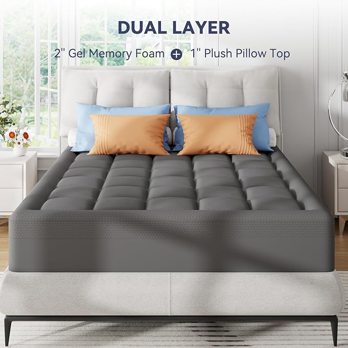 ELEMUSE Dual Layer 3 Inch Memory Foam Mattress Topper Cal King, 2 Inch Cooling Gel Memory Foam Plus 1 Inch Down Alternative Pillowtop Mattress Pad with Cooling Cover, Soft Comfort Support, Grey