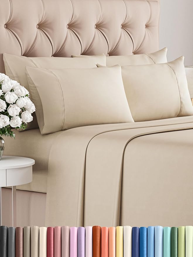 Full 6 Piece Sheet Set - Comfy Breathable & Cooling - Ultra Soft Hotel Luxury Bedding Set with 8-16 Inch Deep Pockets - 1 Flat & 1 Fitted Sheet & 4 Pillowcases - Cozy, Wrinkle Free & Easy Care - Wheat