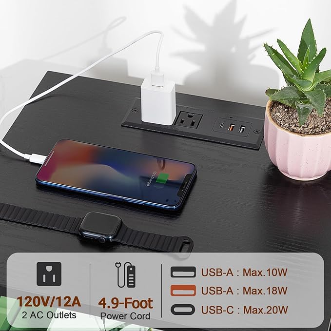 AMHANCIBLE Nightstand with Fast Charging Station, End Table Living Room with USB Charger 3-Port & 2-Power Outlet, Bedside Table with Fabric Drawers for Bedroom HET052LBK1