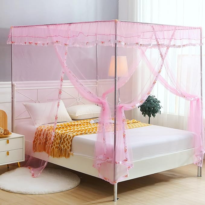 Twin Canopy Bed Curtains - 4 Corner Canopy for Beds, Bed Canopy for Girls Adults, Bedroom Decor (Twin Size, Pink)