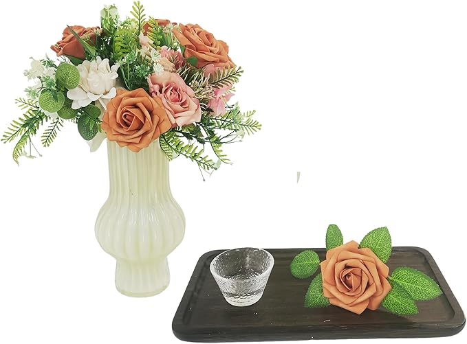Artificial Rose Flowers 25pcs, Burnt Orange Foam Fake Rose Faux Flower for Wedding Bouquets Bridal Shower Centerpieces Floral Arrangements Home Decorations Party Backdrops Table