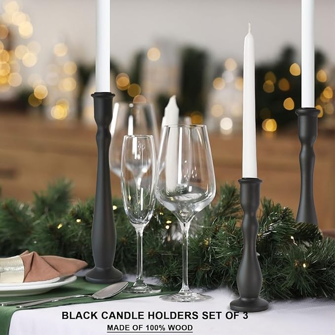 Candlestick Holders Black Candle Holder for Candlestick,Taper Modern Candle Holders Set of 3,Tall Wood Candle Sticks Holder Decor(12"/10"/8" H) (3, Black)