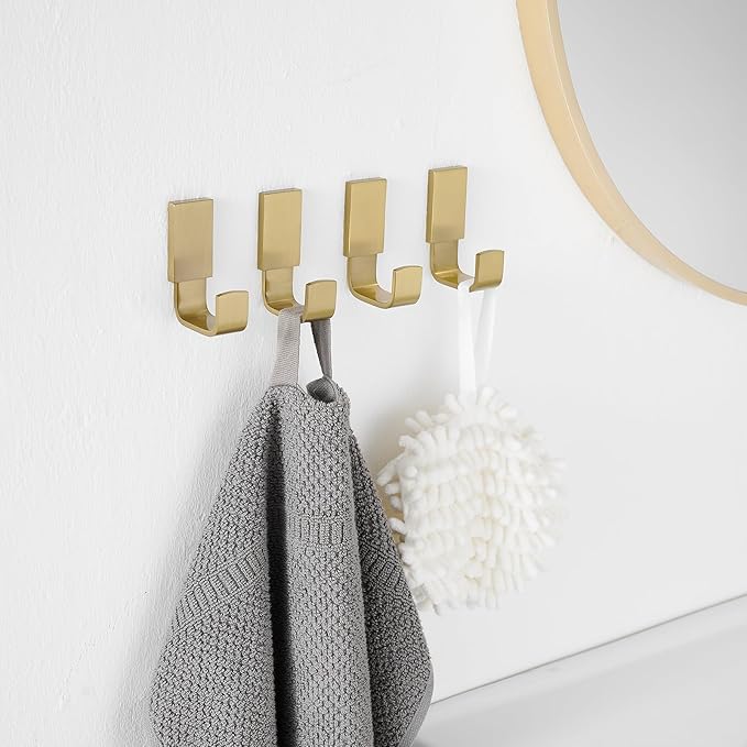 BESy Brass Clothes Hook Single Towel Hook for Bathroom Kitchen Garage Square Style Robe Hooks Coat and Hat Hook, Self Adhesive with Glue or Wall Mounted with Screws, Four Packs, Brushed Gold