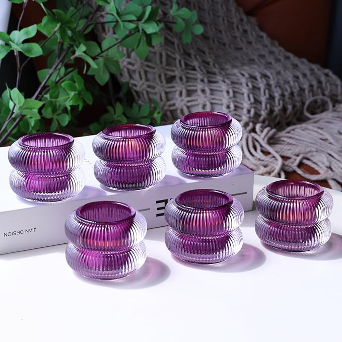 Woho Ribbed Votive Candle Holders Set of 6 for Wedding Decor, Vintage Tealight Candle Holder for Halloween/Thanksgiving, Glass Tea Lights Candle Holder for Dinner Table (Purple, 2.1" H X 2.75" D)