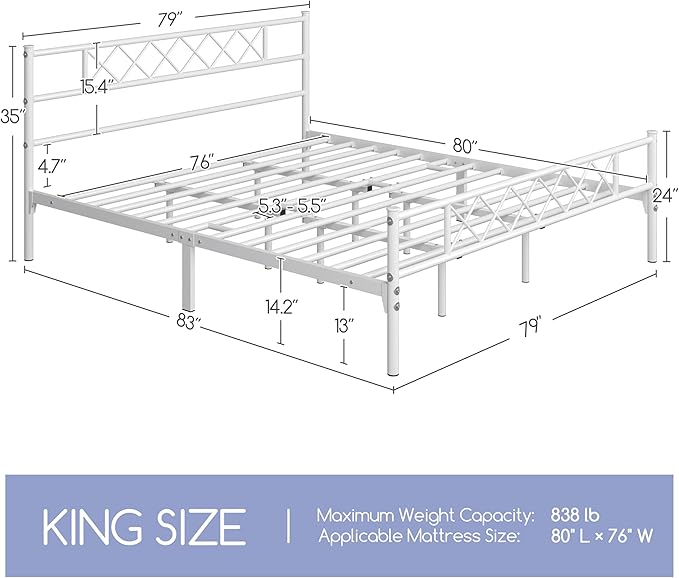 Yaheetech Metal Platform King Bed Frame Mattress Foundation with Headboard and Footboard No Box Spring Needed Under Bed Storage Steel Slats White