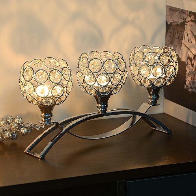 Crystal Tealight Candle Holder Centerpiece Home Decorative Candlestick Holder Elegant Table Centerpiece Home Decor Wedding Party Anniversary (Silver, 3 Arm of 4 Pcs)