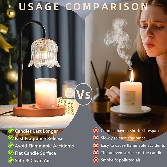Candle Warmer Lamp with Timer: Adjustable Dimmable Height Adjustable - Flower Shape Wax Lamp Jar Candles Modern Home Decor Table Lights Glass Lampshade - Bedroom Decor