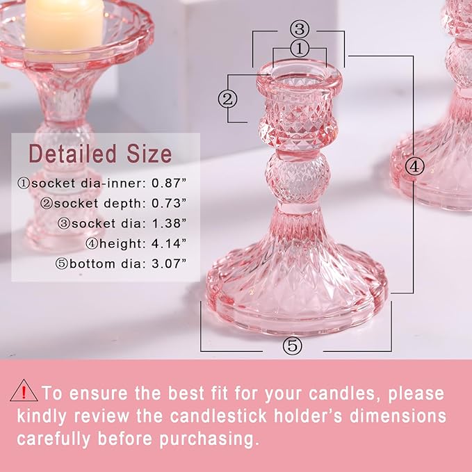 Glass Candle Holder Set of 12, Pink Taper Candle Holders Bulk, Vintage Candlestick Holders, Candle Stick Holder for Table Centerpieces, Wedding & Mother's Day
