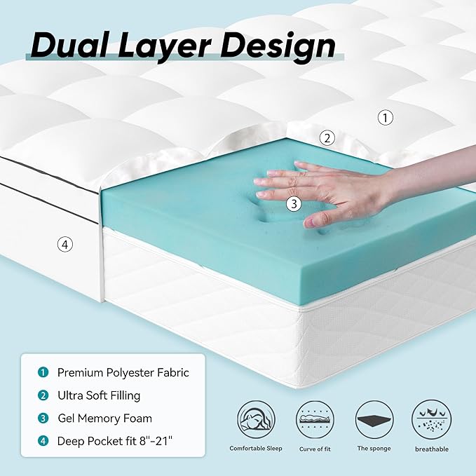 Memory Foam Mattress Topper Queen Size, Dual Layer 4 Inch Mattress Pad,2 Inch Gel Memory Foam Plus 2 Inch Pillow Top Cover with 8-21 Inch Deep Pocket