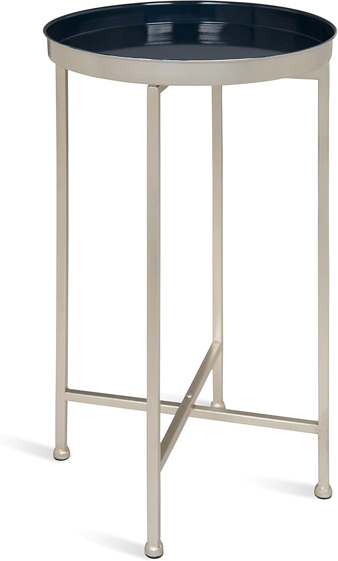 Kate and Laurel Celia Round Foldable Tray Accent Table, 14" x 14" x 25.75", Navy and Silver, Modern Minimalist Design and Magnetic Detachable Tabletop