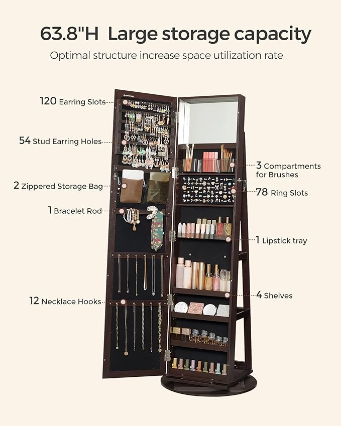 SONGMICS 360° Swivel Jewelry Cabinet, Lockable Jewelry Organizer with Full-Length Mirror, Rear Storage Shelves, Interior Mirror, Jewelry Armoire, Christmas Gifts for Women, Gift Idea, Brown UJJC006R01