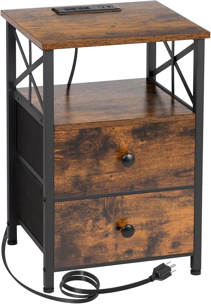 AMHANCIBLE End Table Living Room with Charging Station, Side Table with Fabric Drawer, Small Side Table with USB Ports and Outlets for Small Spaces Rustic Brown and Black HET05XBR1
