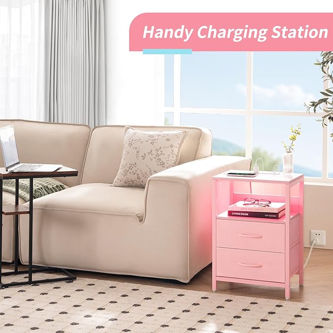 Yoobure Nightstand with Charging Station, LED Night Stand with Fabric Drawers and Storage Shelf for Bedroom, Nightstands Bedside Tables with USB Ports & Outlets, Small Night Stands, Bed Side Table