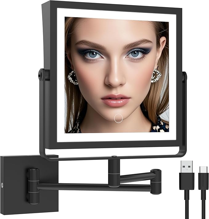 Ruacq Rechargeable Wall Mounted Makeup Mirror with Lights, Double Sided 1X/10X Magnifying Vanity Mirror with 3 Color Lighting, Touch Screen Dimmable, 360° Rotation Extension Foldable Arm(Matte Black)