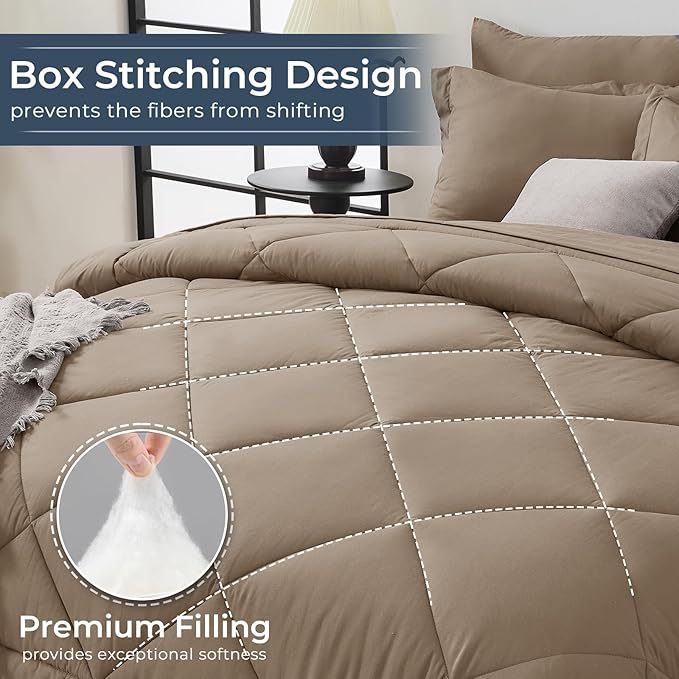 HEVUMYI Linen Queen Comforter Set - 7-Piece All Season Bed in a Bag Queen, Ultra Soft Bedding Set with Comforter, Flat Sheet, Fitted Sheet, Pillowcases, Pillow Shams