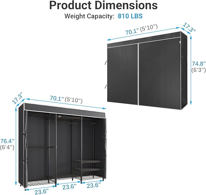 VIPEK V5C Heavy Duty Covered Clothes Rack Portable Closet Rack, Black Metal Clothing Rack with Black Upgarded Polyester Cover, Adjustable Custom Freestanding Closet Wardrobe, Max Load 800LBS