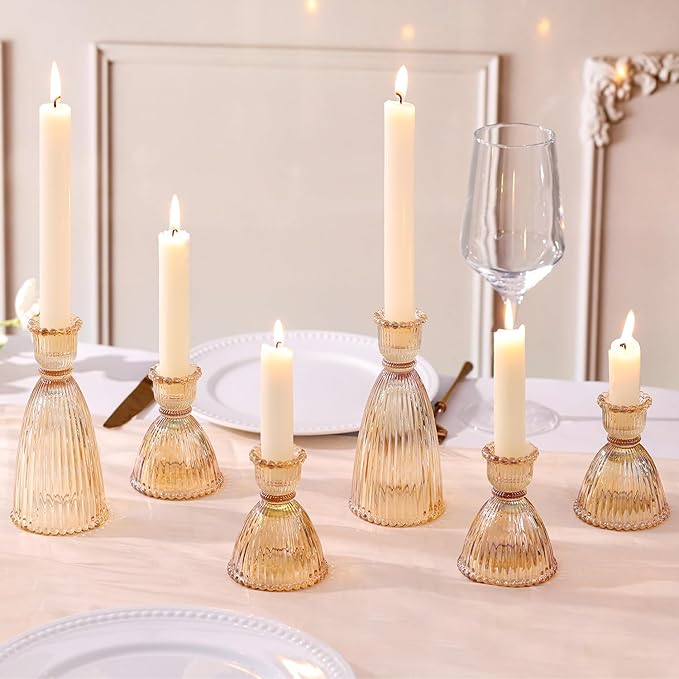 LAMORGIFT Gold Candlestick Holders Set of 6-4pcs 3.5"& 2pcs 6" Assorted Taper Candle Holder Centerpieces for Wedding, Ribbed Glass Candle Holders Bulk for Party Table Decor, Modern Home Decor