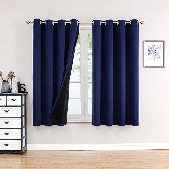 ChrisDowa 100% Blackout Curtains for Bedroom with Black Liner, 2 Thick Layers Total Blackout Thermal Insulated Grommet Window Curtains 2 Panels Set (Navy Blue, 52 x 63 Inch)