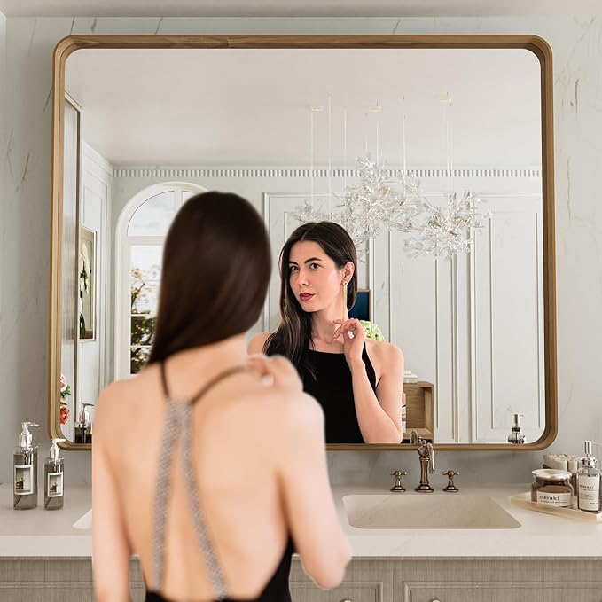 LOAAO 48X40 Inch Bathroom Mirror with Wood Grain Colored Metal Frame, Rounded Rectangle Metal Framed Bathroom Mirror, Anti-Rust, Hangs Horizontally or Vertically, Tempered Glass