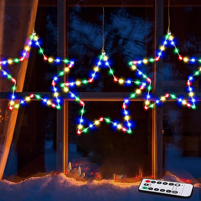 MAOYUE Window Lights 3 Pack Christmas Window Star Lights with Timer Battery Operated Christmas Decorations 8 Lighting Modes with 3 Remote Controls for Outdoor, Indoor, Porch, Party, Colorful