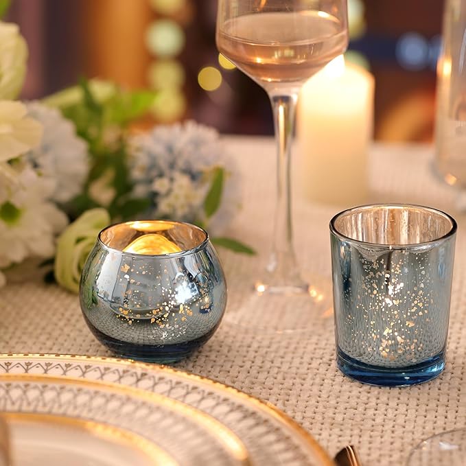 Volens 24PCS Blue Votive Candle Holders Bulk, Round Mercury Glass Candle Holders for Tealight - Blue Centerpiece Table Decorations for Wedding, Birthday, Party, Bridal Shower and Home Decor