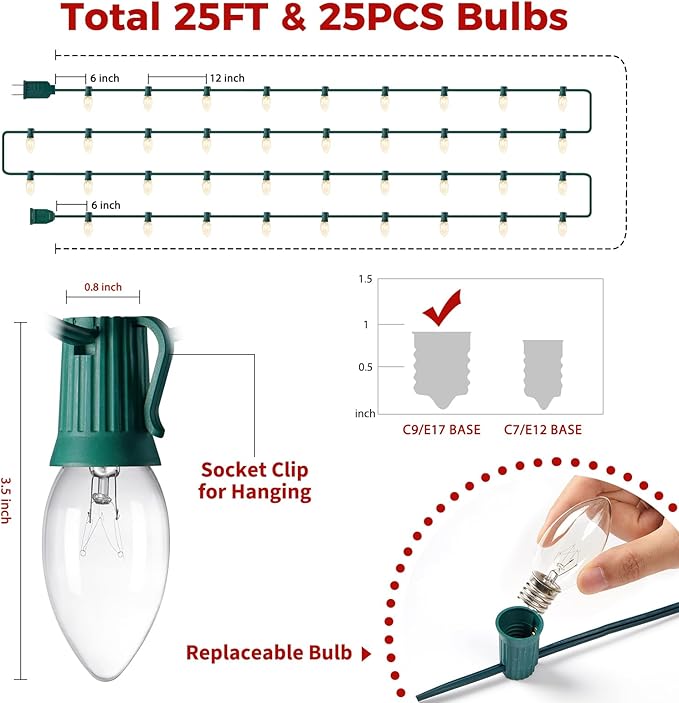 C9 Christmas String Lights Outdoor Christmas Tree Lights String - Hanging Christmas Roofline Lights - Patio Lights for Outdoor Decor (Clear Green Wire, 25FT)