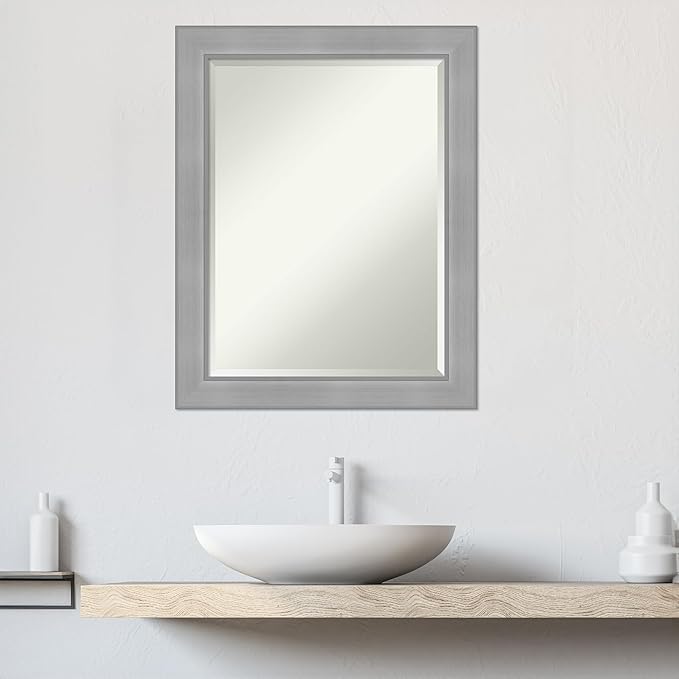 Amanti Art Silver Bathroom Mirror for Over Sink, 28x22 Vista Brushed Nickel Rectangle Vanity Mirror, Medium Casual Frame, Hangs Horizonally and Vertically, Bathroom Wall Decor, Beveled Edge