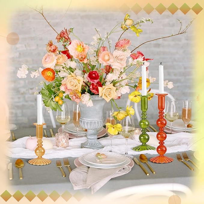 Mumufy 3 Pcs Thanksgiving Glass Candlestick Holders Thanksgiving Ball Shaped Glass Taper Candle Holder Amber Olive Honey Gold Fall Candle Stick Vase Decor for Holiday(5.9, 7.9, 10 inch,Vivid)
