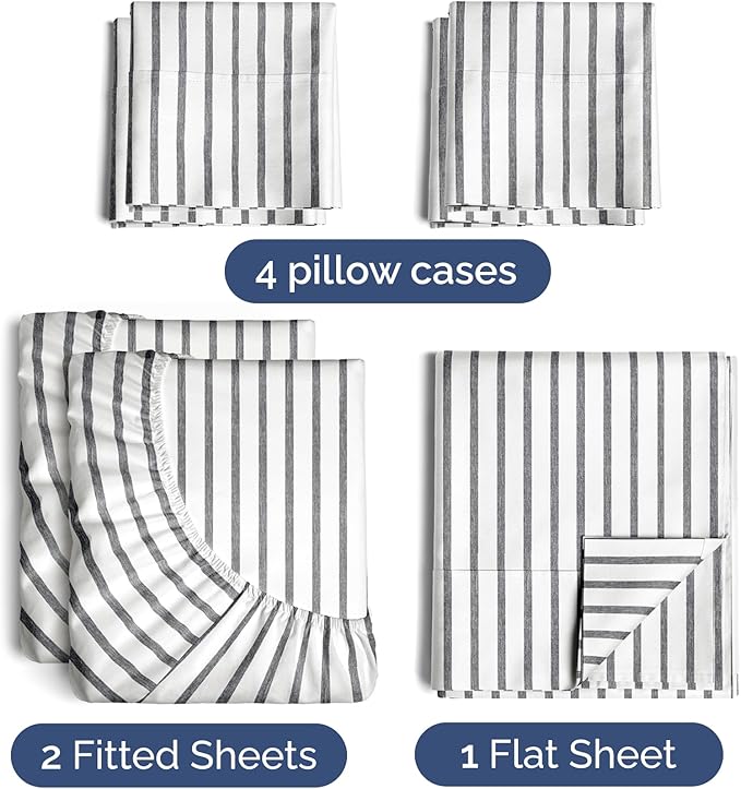 Split King 7 Piece Sheet Set - Comfy Breathable & Cooling - Soft Hotel Luxury Bedding Set w/ 8-16 Inch Deep Pockets - 1 Flat & 2 Fitted Sheet & 4 Pillowcases - Cozy and Wrinkle Free - Grey Stripes 2