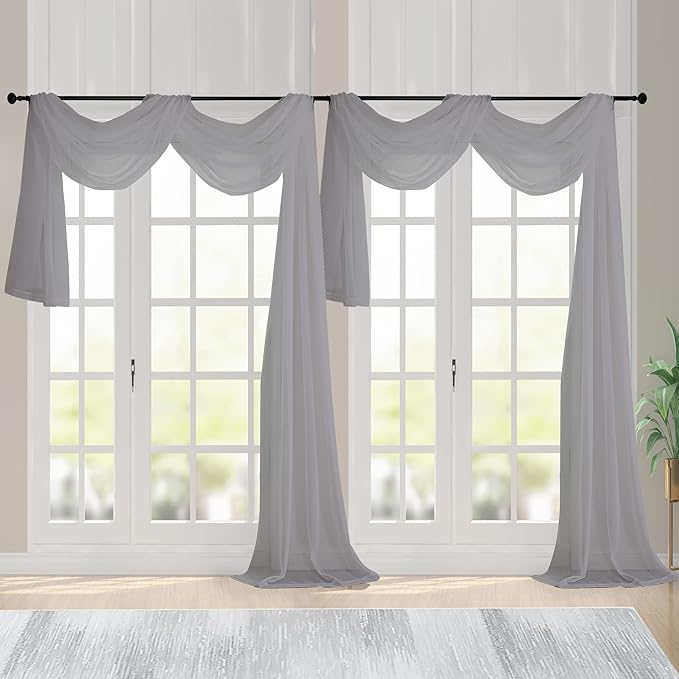 Chyhomenyc Sheer Window Curtain Panels 144 Inches Length 2 Pack, Long Elegant Voile Window Scarf Drapes Backdrop for Canopy Bed/Wedding/Living Room, 42Wx144L inches, Charcoal Grey