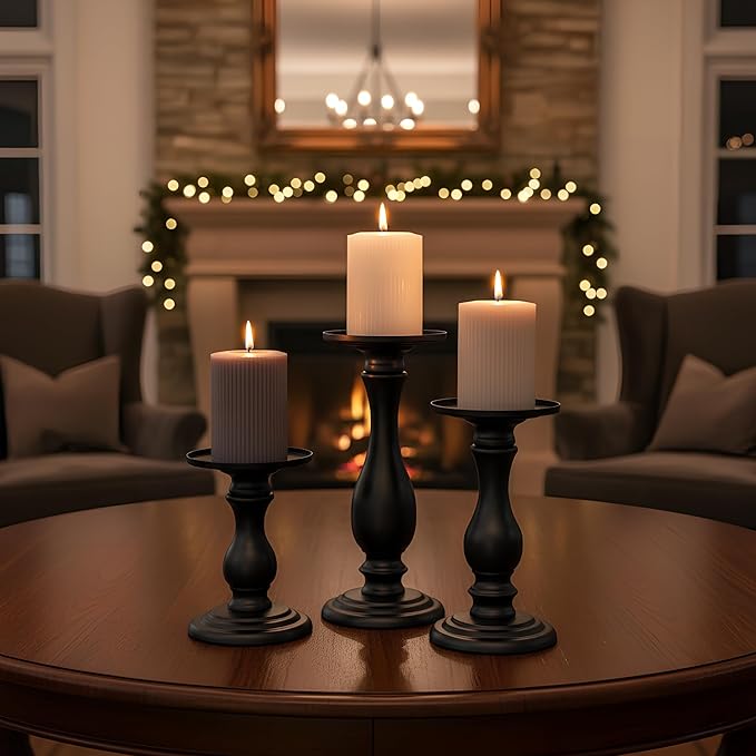 Matte Black Pillar Candle Holders Set of 3-10", 8", 6”H Candlestick Candle Holders Stand, Home Coffee Table Decor Decorations Centerpiece for Dining/Living Room
