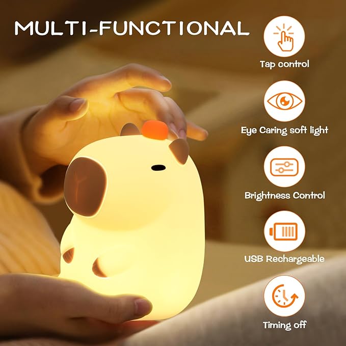 LED Cute Silicone Night Light Squishy Animal Lamp, Dimmable Nursery Nightlight, Rechargeable Bedside Touch Lamp for Breastfeeding Kawaii Gifts Room Decor