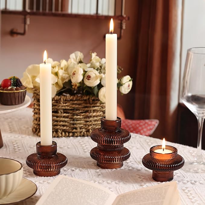 Brown Candlestick Holders Set of 10, Taper Candle Holders for Fall Wedding Table Centerpiece, Ribbed Glass Votive Candle Holders for Dinner Party Halloween Thanksgiving Decor