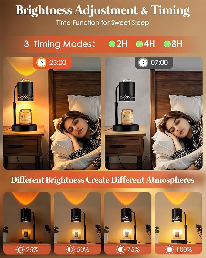 Candle Warmer Lamp with Sunset Lights: 2H/4H/8H Timer Brightness Adjustment - Electric Wax Warmer Light for Home Decor