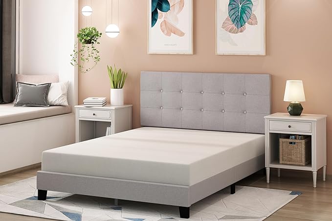 Furinno Laval Button Tufted Upholstered Platform Bed Frame, Queen, Glacier