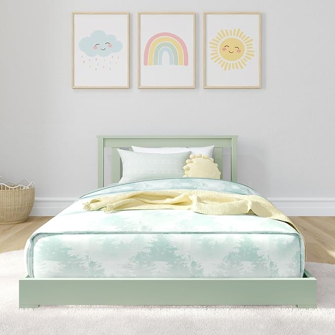 Max & Lily Classic Twin Floor Bed, 79.75 Inches, Solid Wood Low Bed Frame for Kids, Modern Floor Bed for Bedroom, Sage Green