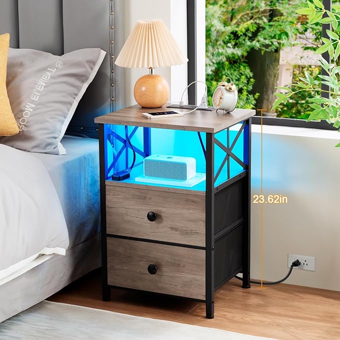 AMHANCIBLE Night Stand Set 2, LED Nightstand with Charging Station, End Tables Living Room with Fabric Drawers, Bedside Table for Bedroom, Greige, HET052LGY