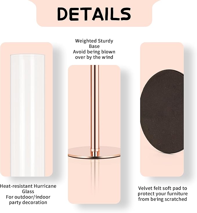 Hurricane Candle Holders Set of 6 Metal Candlestick Holder for Glass Taper Tall Candle Holders with Crystal Chimney Tube Candles Stands for Home Decor, Christmas, Dinning (6, Rose Gold)