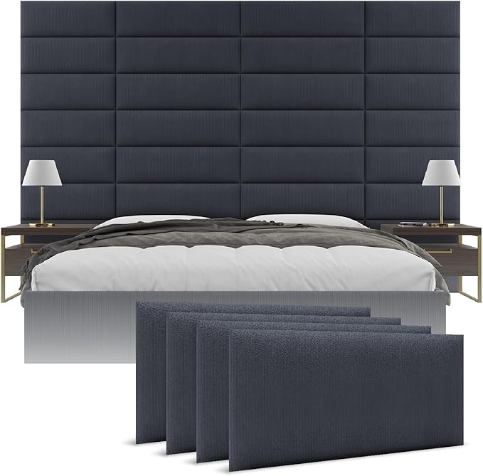 Vänt Upholstered Wall Panels - Queen/Full Size Wall Mounted Headboards - Ribbed Midnight Blue - Set of 4 Panels (Each Individual Panel 30"x11.5")