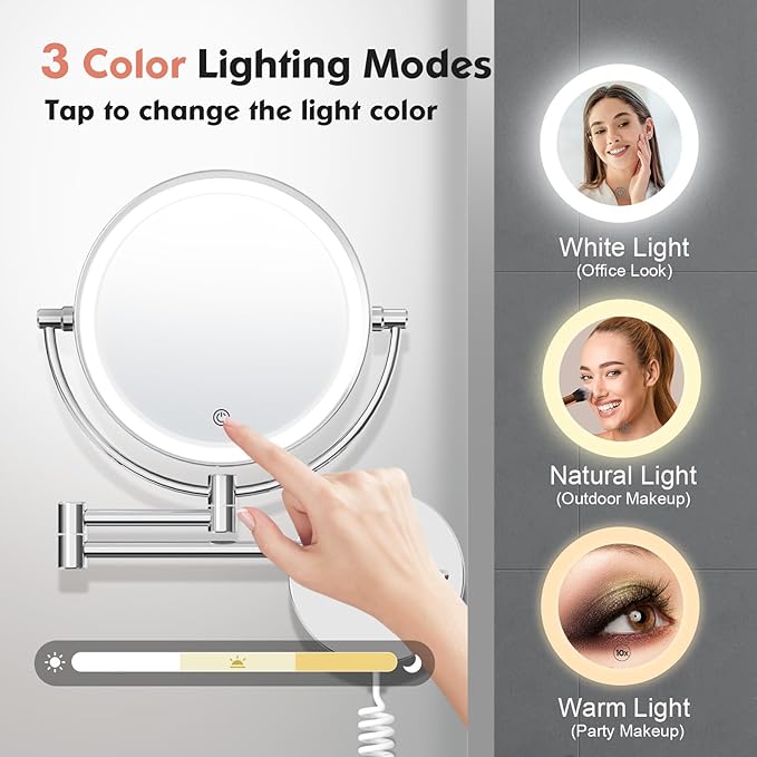 FASCINATE Upgraded Wall Mounted Makeup Mirror with Lights, Super Large Double Sided 1X/10X Magnifying Mirror for Bathroom, 360° Swivel Extendable Plug Touch Sensor Vanity Mirror