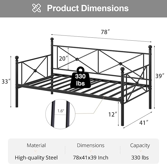 VECELO Twin Daybed Frame, Metal Day Bed with Stylish Headboard, Multifunctional Platform Beds for Bedroom, Living Room, Guest Room, No Boxing Spring Needed, Black