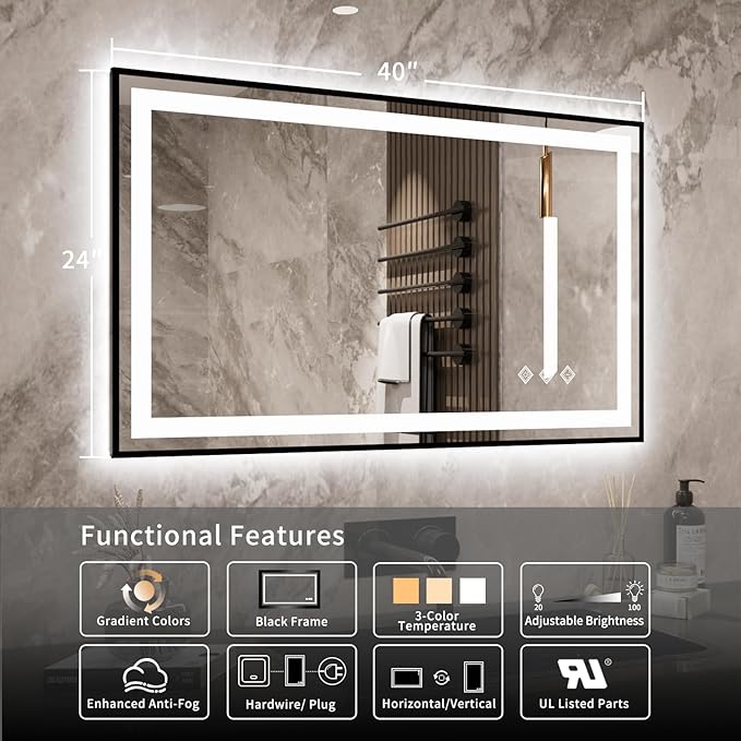 LED Mirror, 40x24 Inch Black Framed Gradient Front and Backlit Lighted Vanity Mirror, 3 Colors Dimmable CRI>90, IP54 Enhanced Anti-Fog Wall Mounted LED Bathroom Mirror