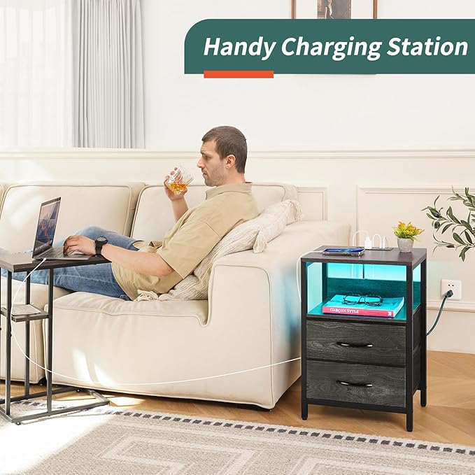 Yoobure Nightstand with Charging Station, LED Night Stand with Fabric Drawers and Storage Shelf for Bedroom, Nightstands Bedside Tables with USB Ports & Outlets, Small Night Stands, Bed Side Table