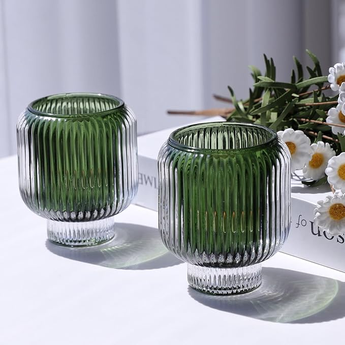 Woho Green Votive Candle Holders Set of 2(3.5" H x 3.1" W), Ribbed Tealight Candle Holder Vintage for Christmas Dinner Table, Reversible Tea Lights Candle Holder Glass for Living Room Home Decor