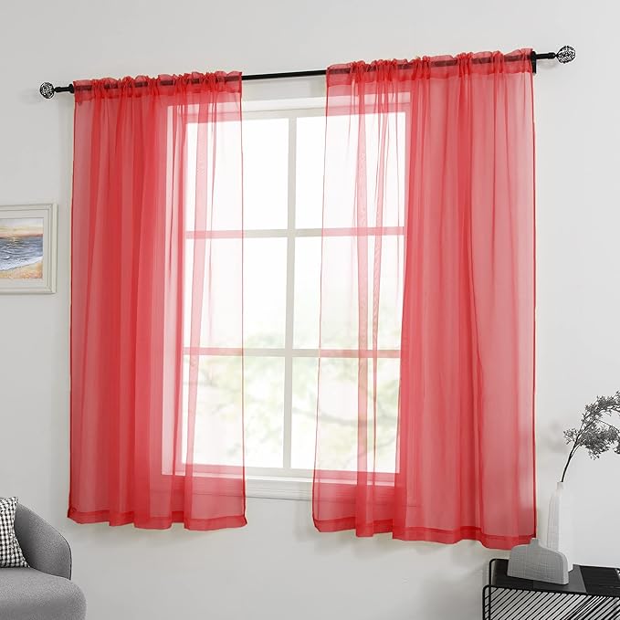 HUTO Christmas Red Sheer Curtains 54 inches Long for Bedroom Top Rod Pocket Sheer Window Panels Curtains for Nursery Living Room 52 by 54 Inch Length Set of 2