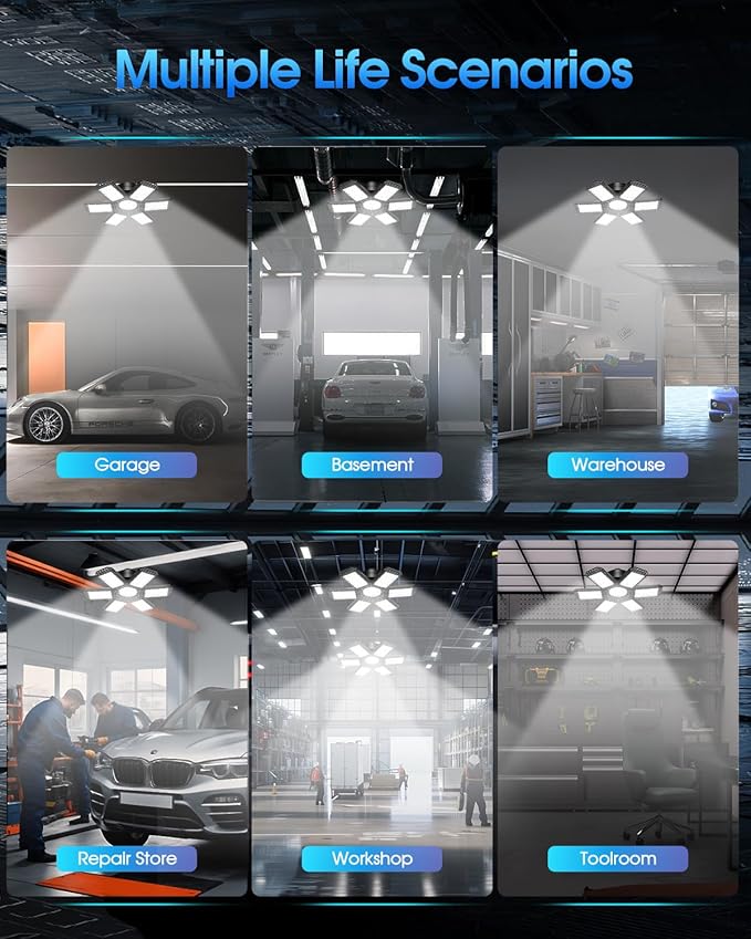 8 Pack LED Garage Light, 200W 20000LM 6500K LED Shop Lights, Garage Lights Ceiling Led with 6+1 Deformable Panels, Screw in E26/E27 Socket Bulb for Warehouse, Workshop, Basement, Barn Lighting