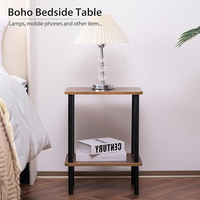 Apicizon 2 Tier End Table, Small Side Table with Solid Wood Legs, Boho Bedside Table with Storage Shelf, Nightstand for Small Spaces, Bedroom, Living Room, Entryway, Farmhouse, Easy Assembly, Brown