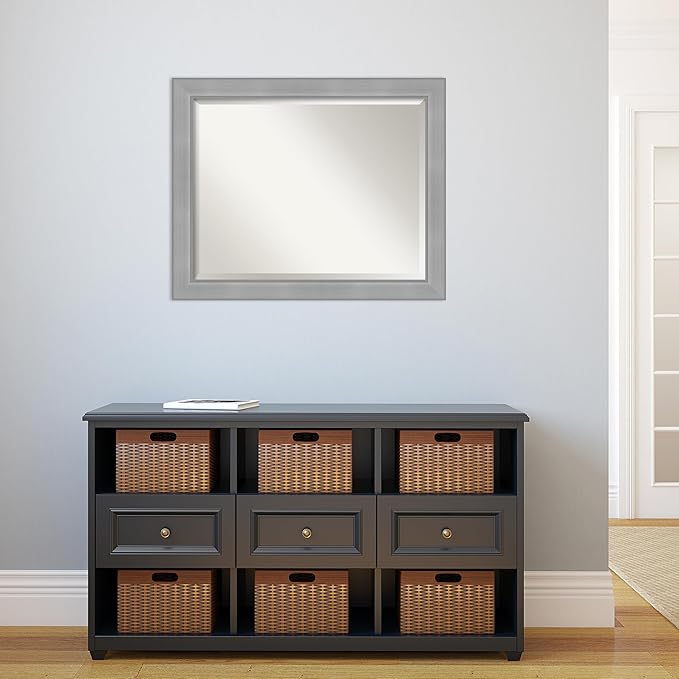 Amanti Art Silver Bathroom Mirror for Over Sink, 26x32 Vista Brushed Nickel Rectangle Vanity Mirror, Large Casual Frame, Hangs Horizonally and Vertically, Bathroom Wall Decor, Beveled Edge